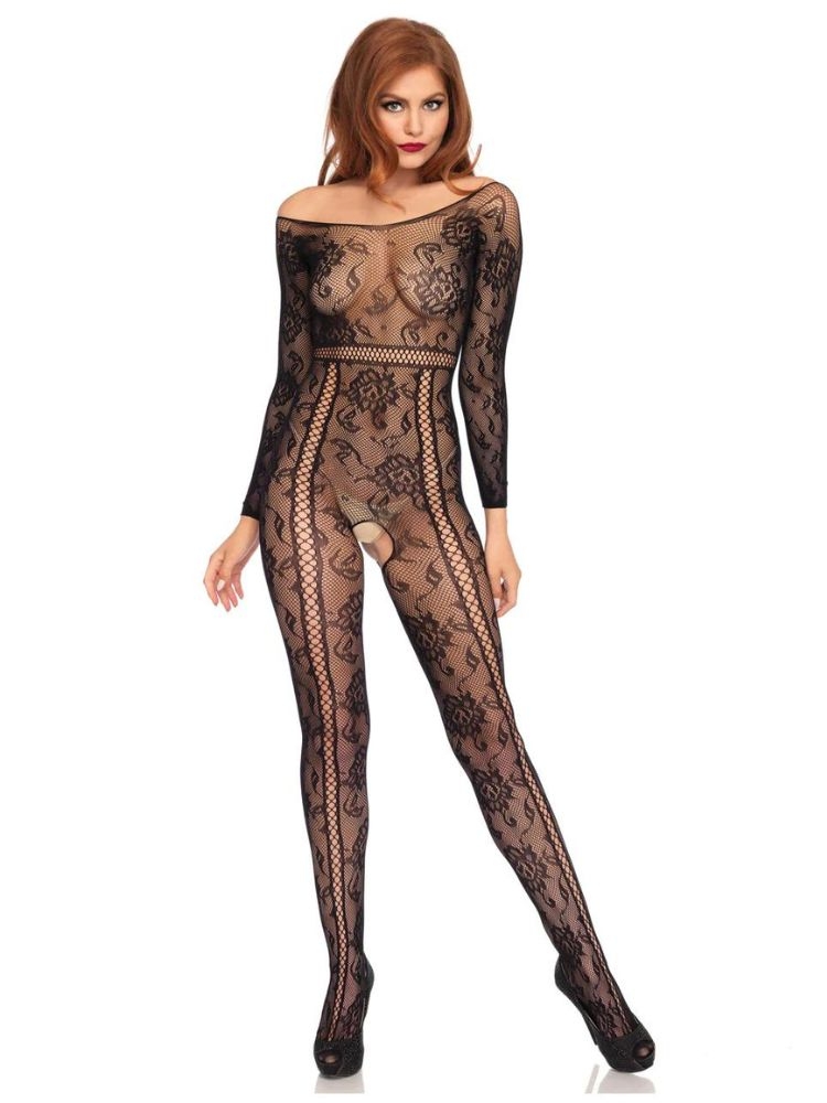 Black Crotchless Bodystocking with Long Sleeves