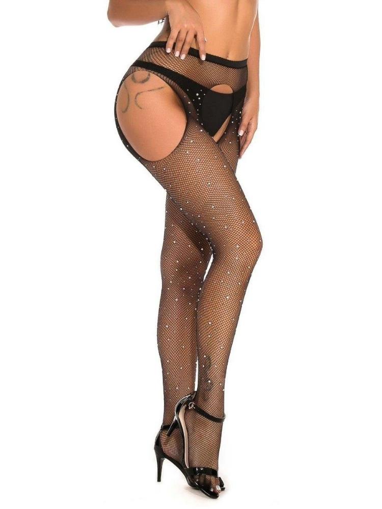 Womens Rhinestone Fishnet Footed Crotchless  Tights by Miss Naughty